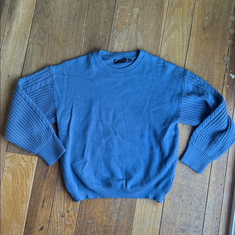 Zessica Cozy Blue Pullover Sweater with Cable Knit Sleeves